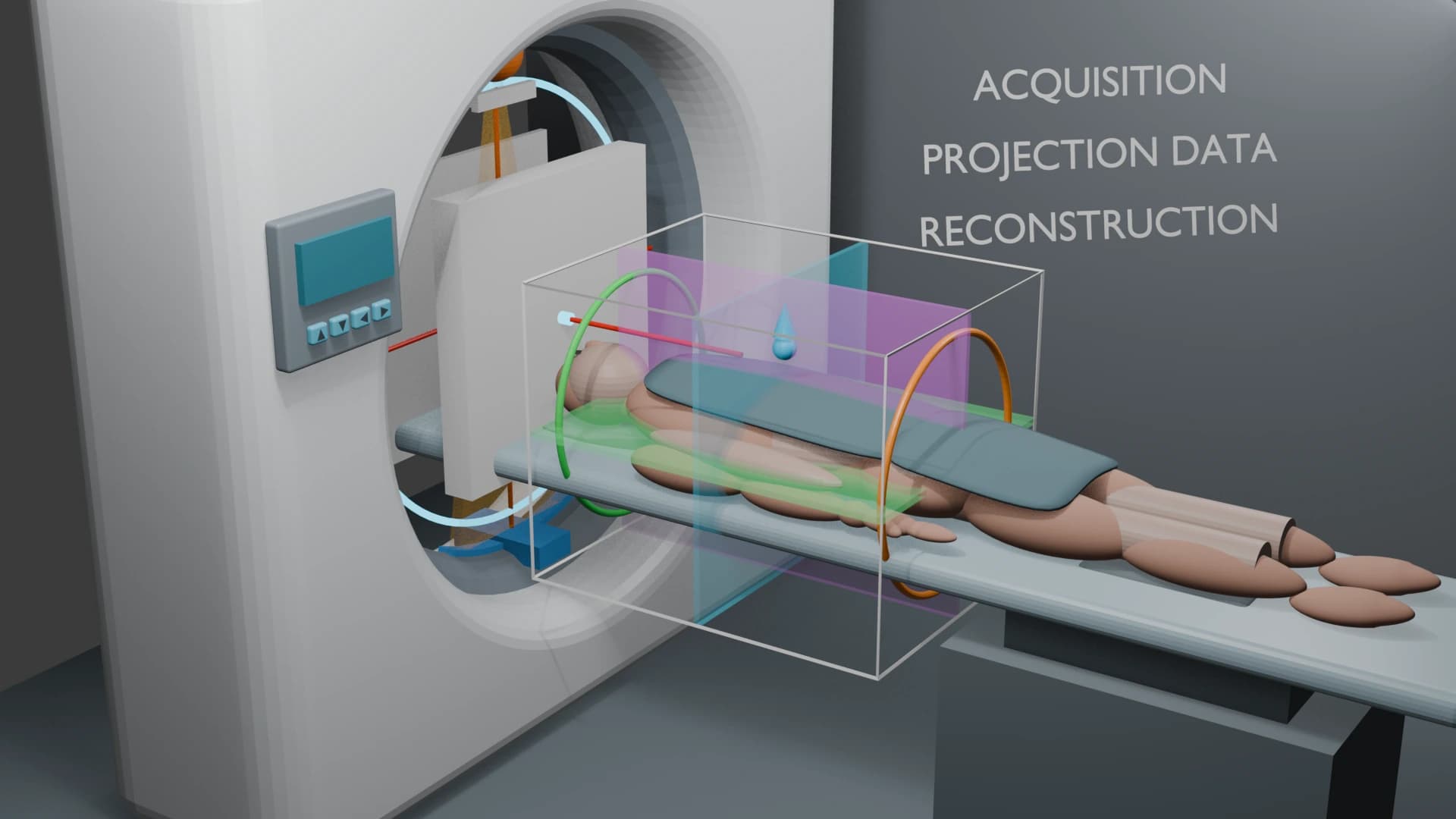 3D CT teaching scene illustrating acquisition and reconstruction concepts