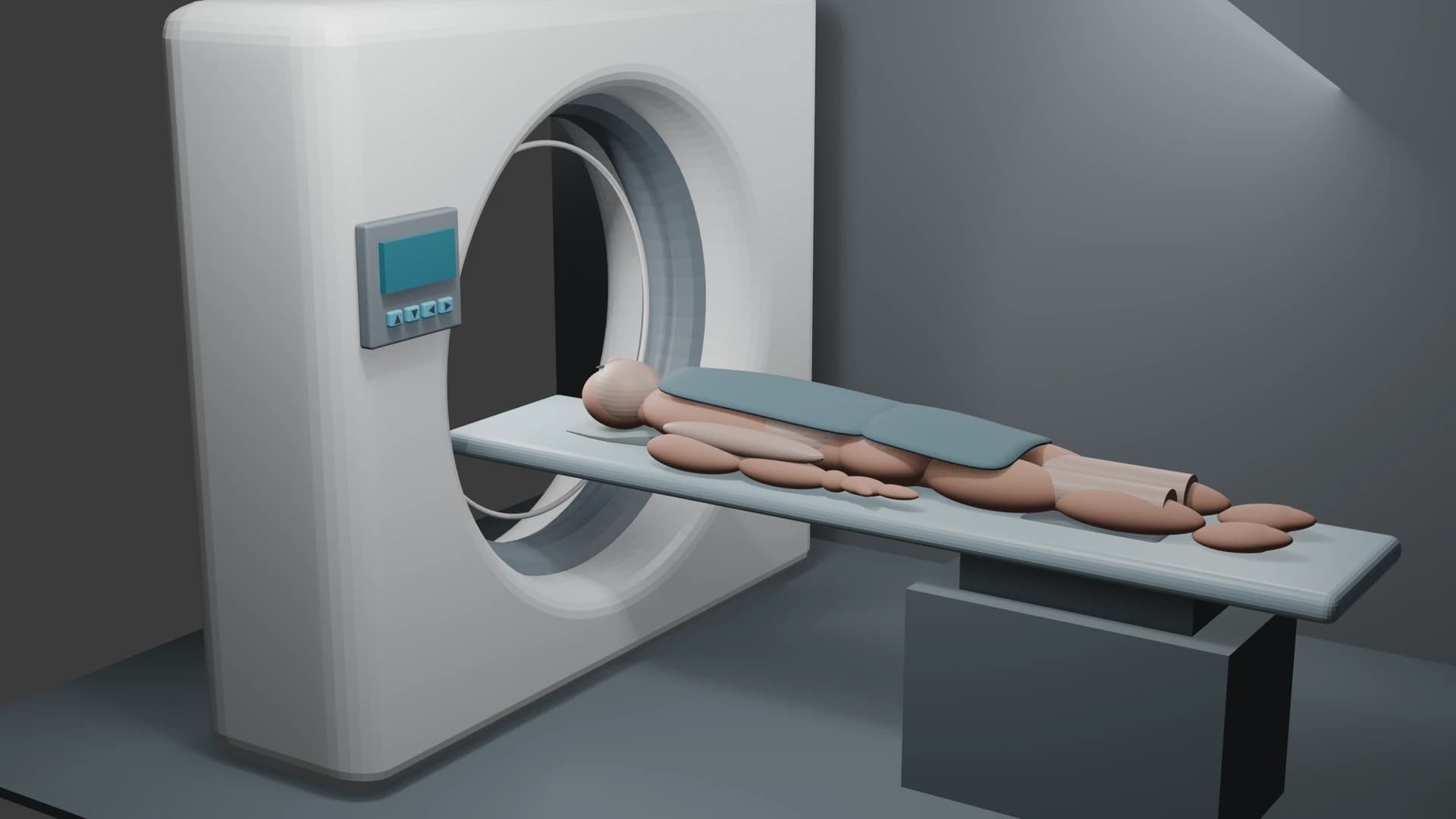 3D CT scanner scene illustrating patient positioning for ImagingArc clinical imaging education